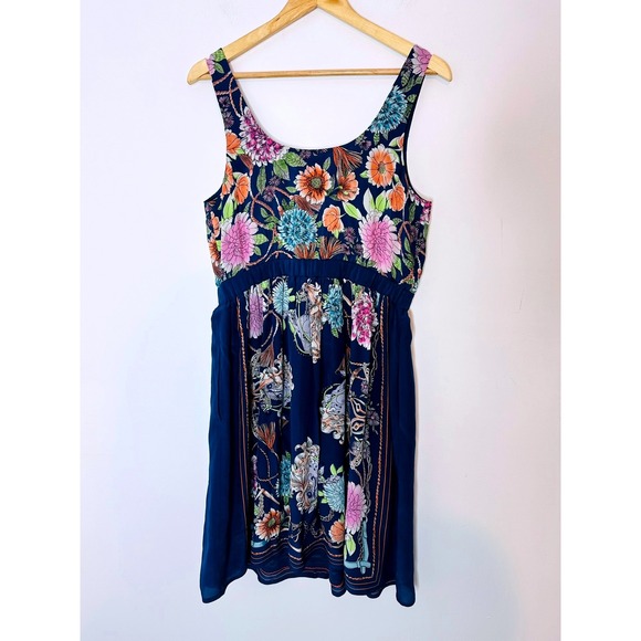 Moulinette Soeurs Navy Floral Silk Dress Womens Medium Gathered Waist Sleeveless - Picture 3 of 10